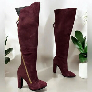 DONNA KARAN Ariela Burgundy Suade Above Knew High Boots Women Size 8.5